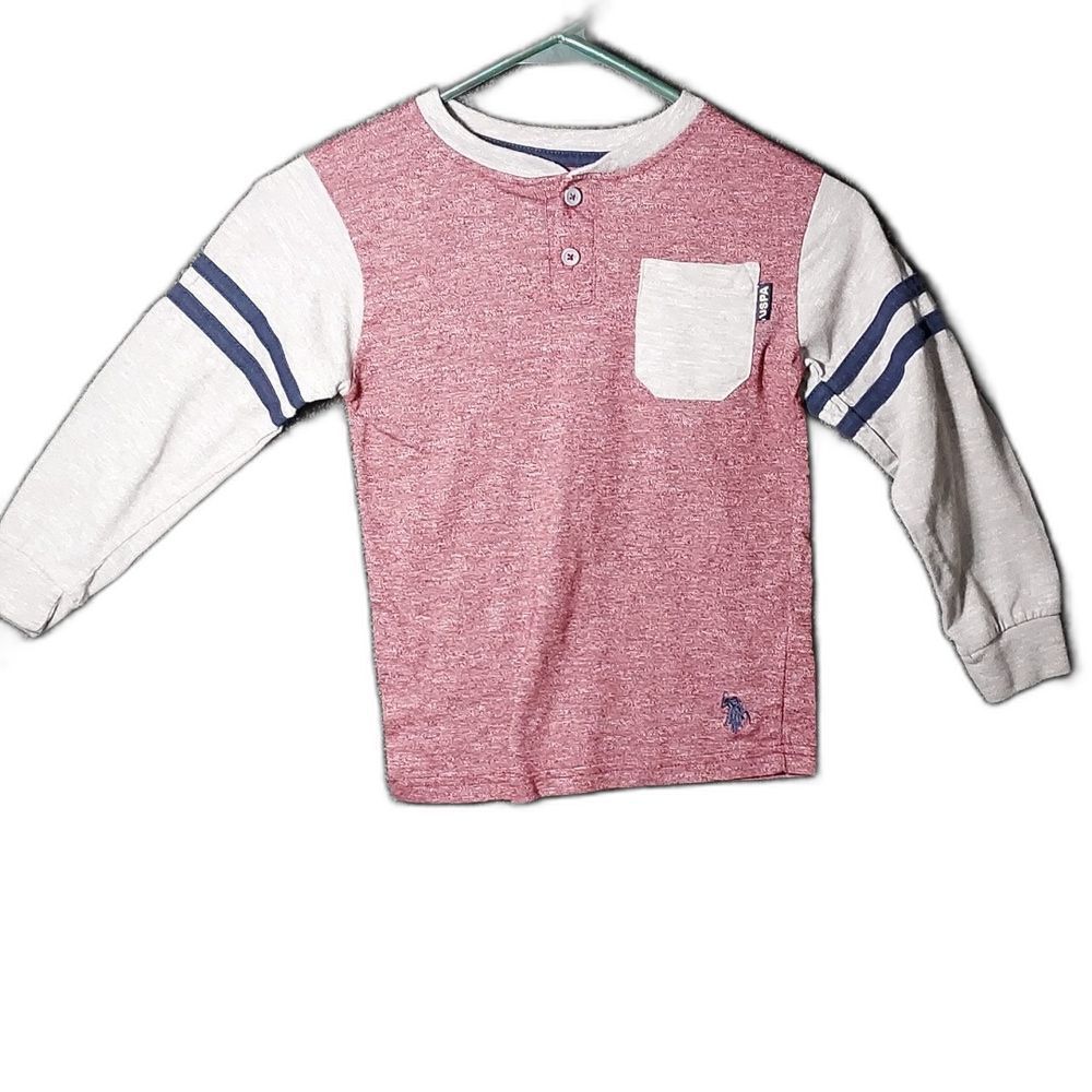 U.S. Polo Assn. M 5/6 Burgundy and Grey Quarter Button Up Neck Pocket Tee Shirt